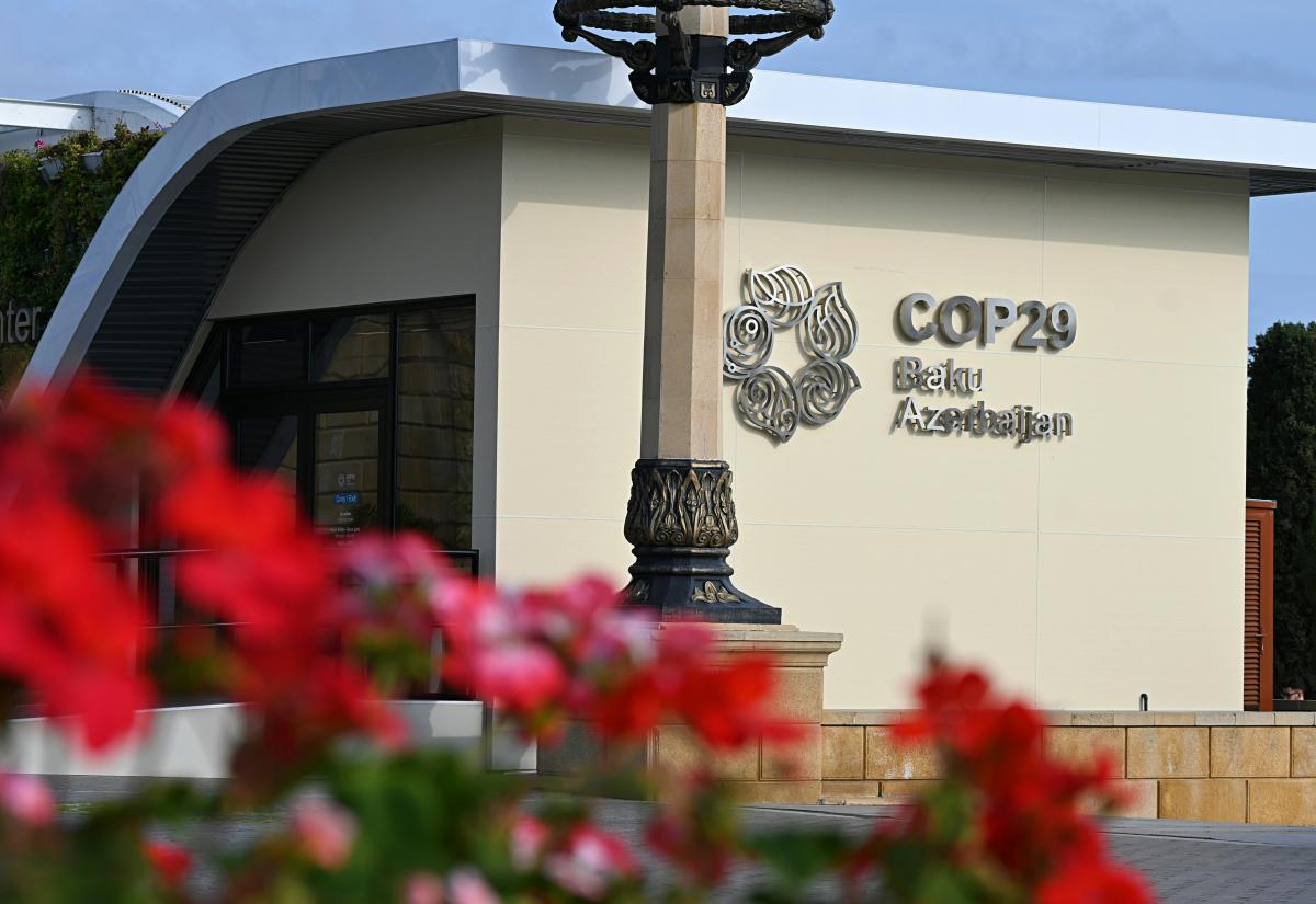 Photo of COP29 sign in Baku with flowers in foreground